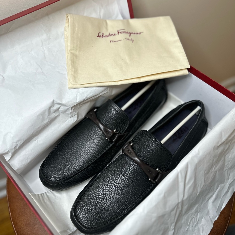 Salvatore Ferragamo Black Loafers with Brown Metal Buckle - Picture 9 of 13